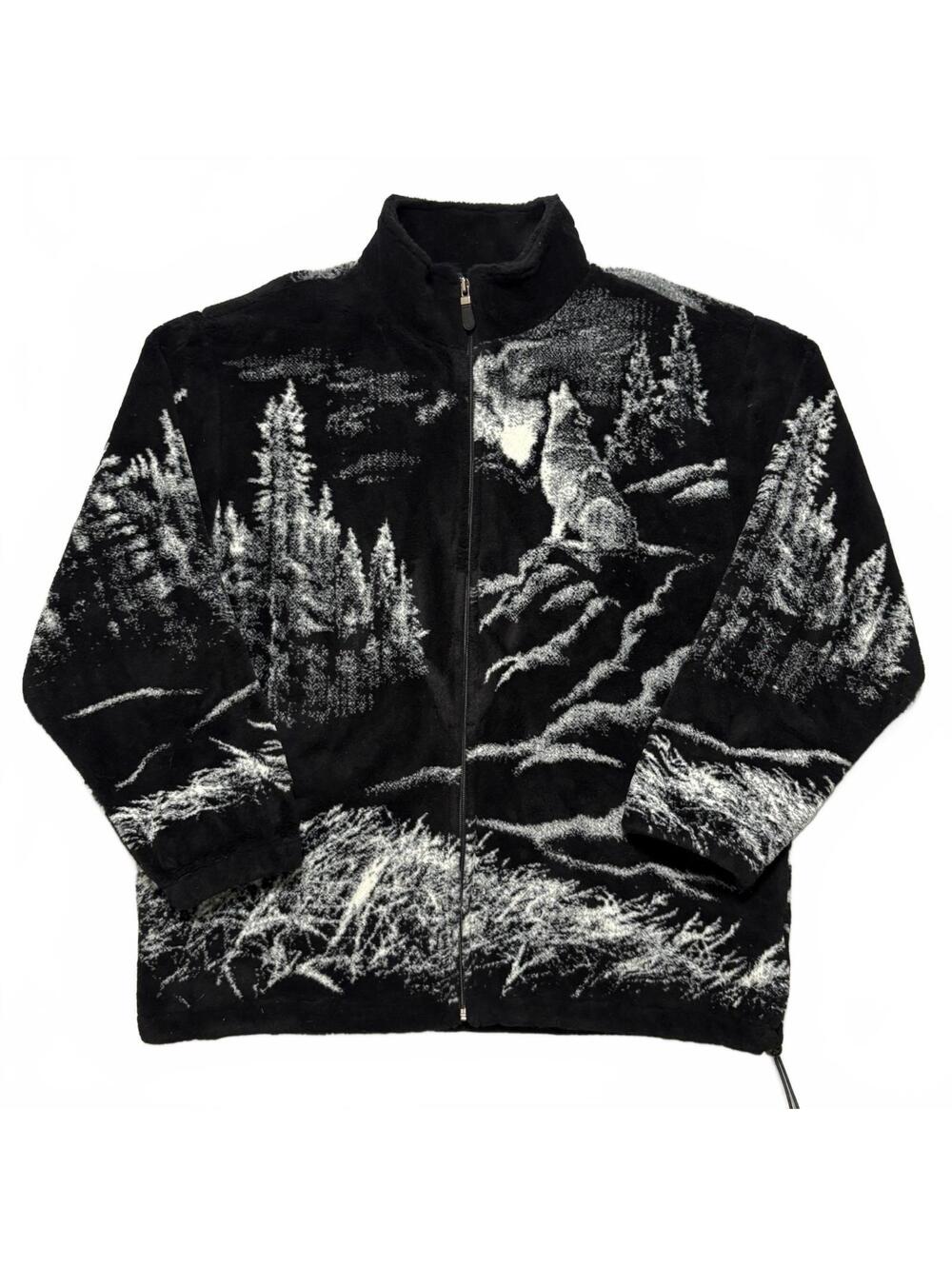 VTG 90's Art Unlimited Wolf Scenic AOP Fleece Zip Jacket Men's XL Black White